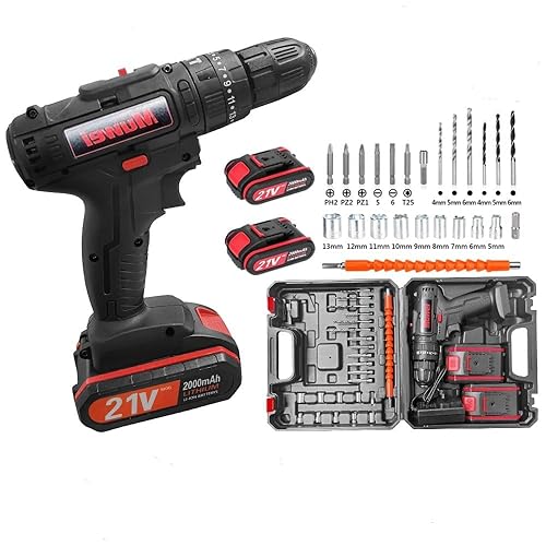Cordless Drill Driver, 21V Electric Drill Screwdriver Kit with 25+1 Torque, 2 Speed with 2 Batteries 2.0Ah, LED Light Cordless Combi for Home and Garden DIY Project (Black)