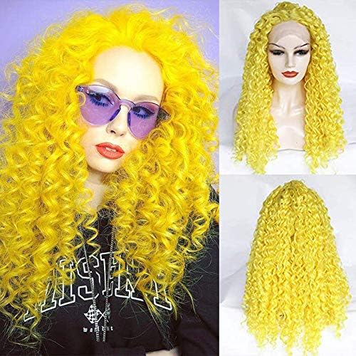 IVY HAIR Yellow Synthetic Lace Front Wigs for Women Free Part Long Curly Synthetic Hair Wig with Baby Hair Kinky Curly Glueless Heat Resistant Fiber Hair for Party Daily Use