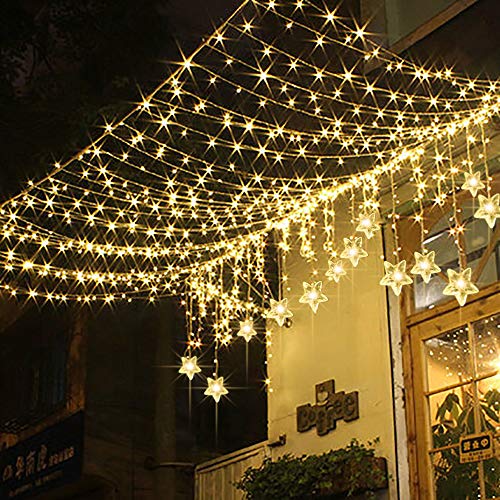 TOFU Star Curtain Light, 100 LED 10 Big Stars Window Curtain String Light with 8 Flashing Modes IP65 Waterproof for Christmas, Wedding, Party, Canopy, Outdoor, Indoor, Lawn, 6ft x 4ft(LxW), Warm White