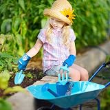 Colwelt Kids Metal Wheelbarrow 5Pcs Garden Set Blue with Shovel Rake Fork Gloves view 5