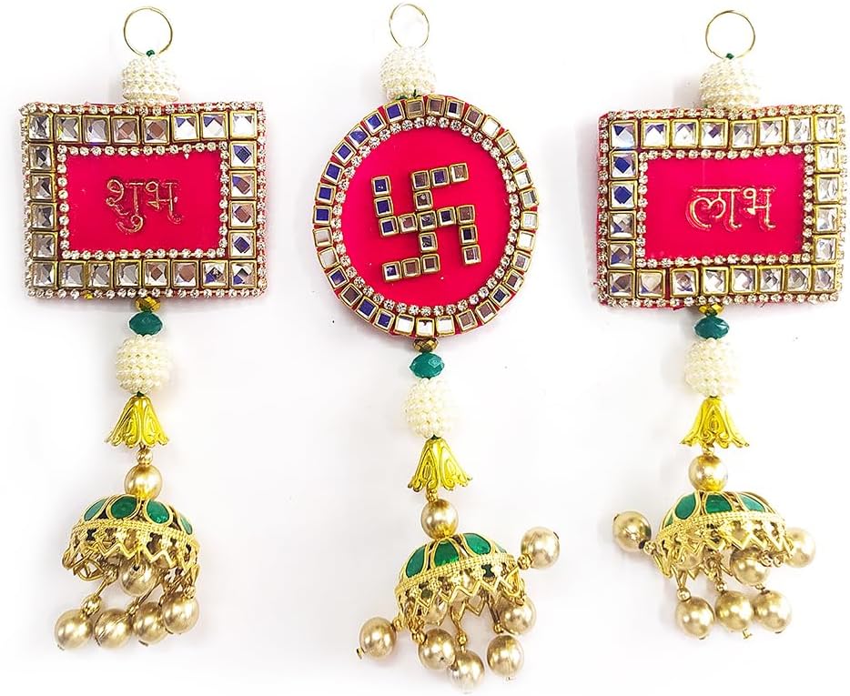 Oil Lamps & Accessories - HATHKAAM Red Velvet Shubh Labh and Swastik for Diwali Festival Decor to Your Entrance Door Temple to Invite Good Vibes Made from Resin Art and Beads Handmade by Indian Women Artisans, 6 inch | HKDT038