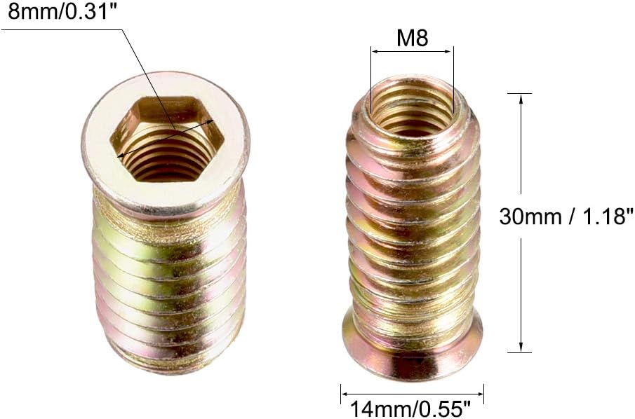 sourcing map Wood Furniture M8x30mm Threaded Insert Nuts Interface Hex Socket Drive 20pcs, Bronze Tone - Image 4