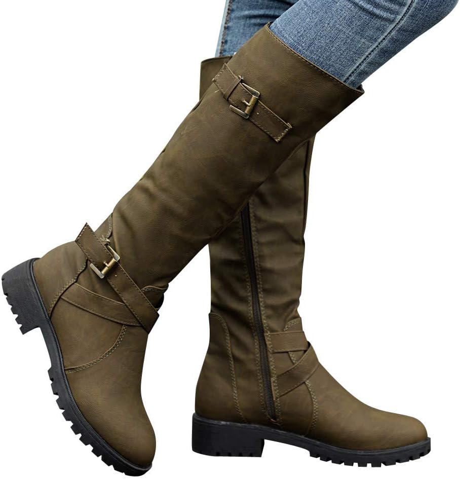 Mid Cuff Boots, Shybuy Women Fashion Mid Cuff Buckle Boots Western Cowgirl Boot Flat Platform Booties (7, Green)