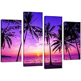 KREATIVE ARTS - 4 Panel Tropical Palm Trees Purple Sunset on Ocean Beach Nature Wall Art Print Picture on Canvas Framed Artwork Ready to Hang