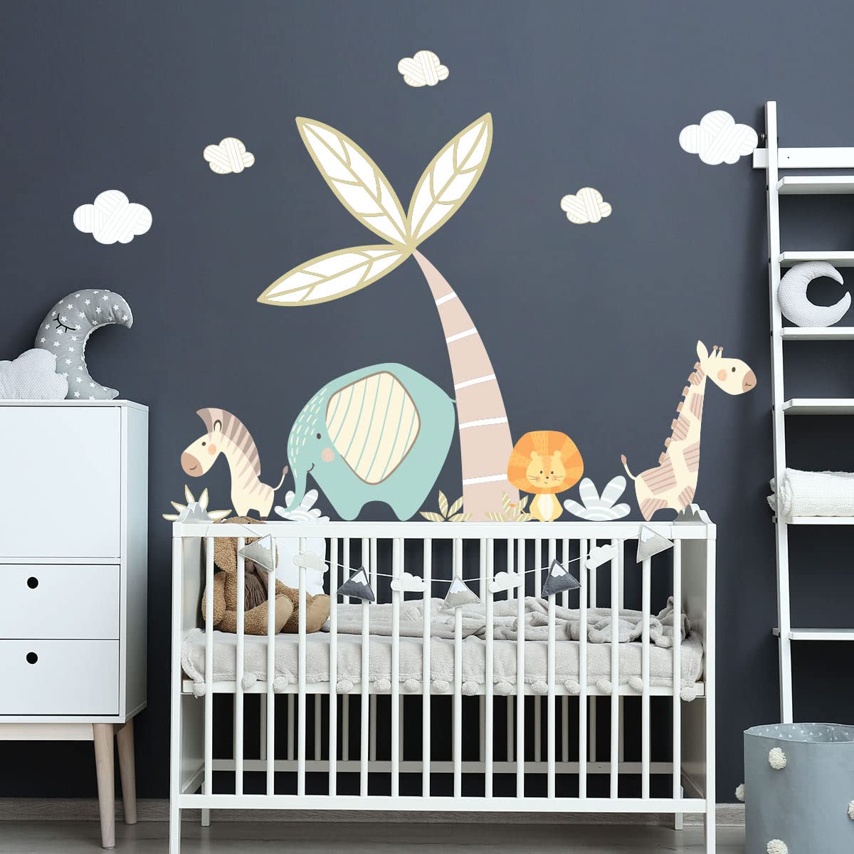 Children's Wall Stickers - Baby Room Decoration - Children's Bedroom Wall Sticker - Scandinavian Animals and Magic Palm - H60 x L90 cm