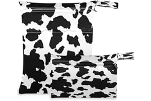 AUUXVA 2pcs Wet Dry Bag Black Animal Cow Print Cloth Diaper Bags Waterproof Wet Bags Washable Wet Dry Organizer Pouch with Two Zippered Pockets for Swimsuits Travel Hiking Baby Stroller