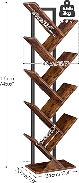 HOOBRO Tree Bookshelf Tall 9-Tier Floor Standing Book Shelf Rustic Brown Black view 3