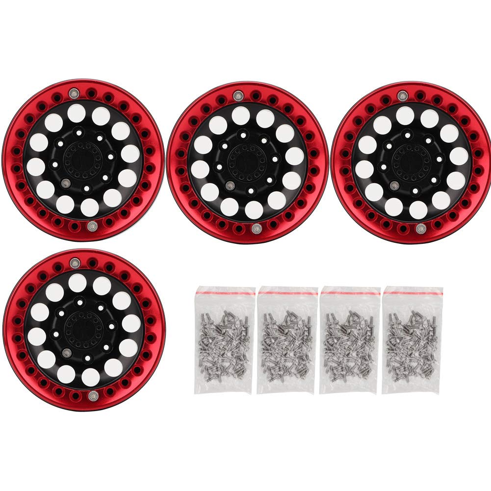 Dilwe Wheel Rims, 4Pcs 1.9 Inch Beadlock Wheel Rim Hub Accessory Part for SCX10 1/10 RC Crawler Car(Black Red)