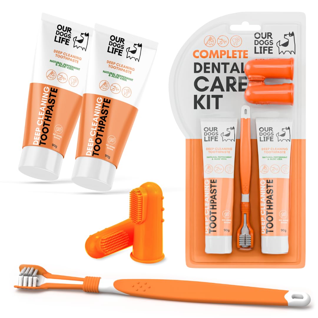 Dog Toothbrush with Toothpaste | Approved Dog Dental Kit | One Triple Headed Deep Cleaning Toothbrush for Dogs + Two Toothpaste + Two Finger Brushes | Freshen Breathe & Remove Plaque