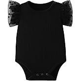 ROMPERINBOX Baby Girl Onsies Polka Dot Mesh Puff Sleeve Rib-Knit Short Sleeve Round Neck Bodysuit for 0-24 Months