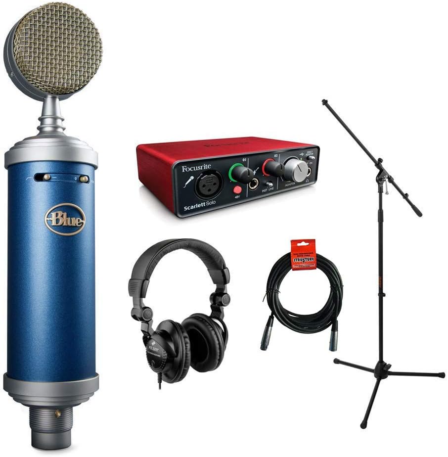 Blue Bluebird SL Large-Diaphragm Condenser Studio Microphone with Focusrite Scarlett Solo Audio Interface, HPC-A30 Monitor Headphone, Mic Stand & XLR-XLR Cable Bundle