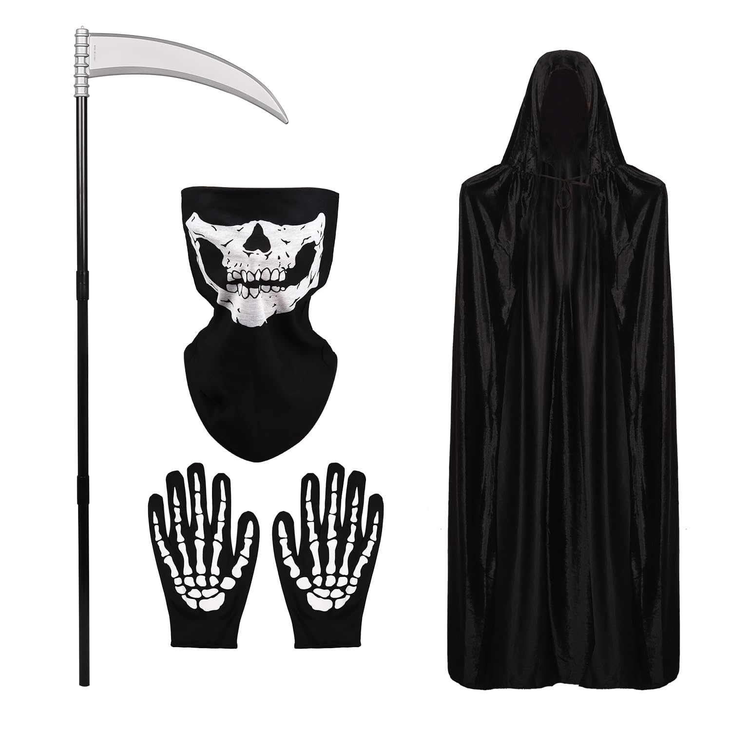 Lezevn 4 Pieces Grim Reaper Costume Grim Reaper Cloak Skeleton Mask Skeleton Gloves with Grim Reaper Scythe Halloween Fancy Dress