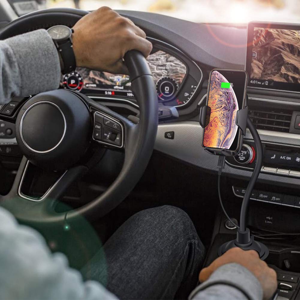 Car Wireless Charger 10W Fast Wireless Charger for Car Cup Holder and Air Vent Mount Compatible with Qi Smartphone for iPhone Samsung Galaxy (Black)