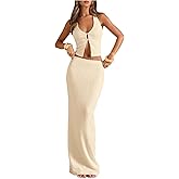 GORGLITTER Women's 2 Piece Going Out Outfits Button Front Halter Cami Top Bodycon Summer Skirt Sets