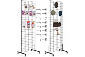 Eastern Tree 2 Packs 2'x 5' Six Pieces Gridwall Panels Stand with T-Base, Black Wire Grid Wall Display Racks with Wheels, Craft Show Display Rack, Retail Display, Extra More 16 Pieces Hooks