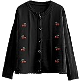 Xunger Women's Cherry Embroidery Knit Cardigan Soft Lightweight Long Sleeve Sweater Coat Cute Loose-Fit Round Neck Blouse