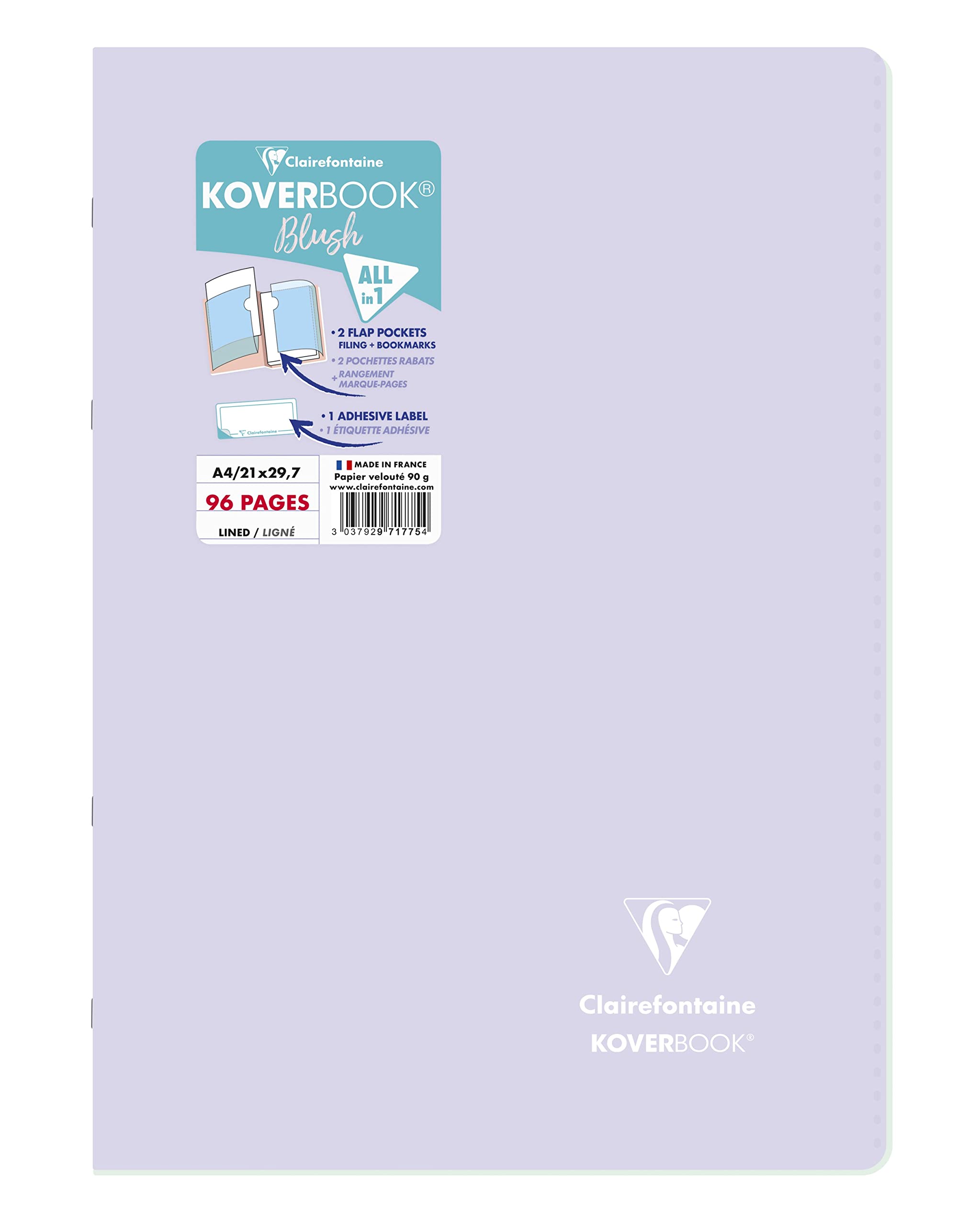 Clairefontaine 971775C - One Stapled Notebook Koverbook Blush Lilac - Dimensions: A4 21x29,7 cm - 96 Lined Pages - White Paper 90 g - Opaque Polypro Cover