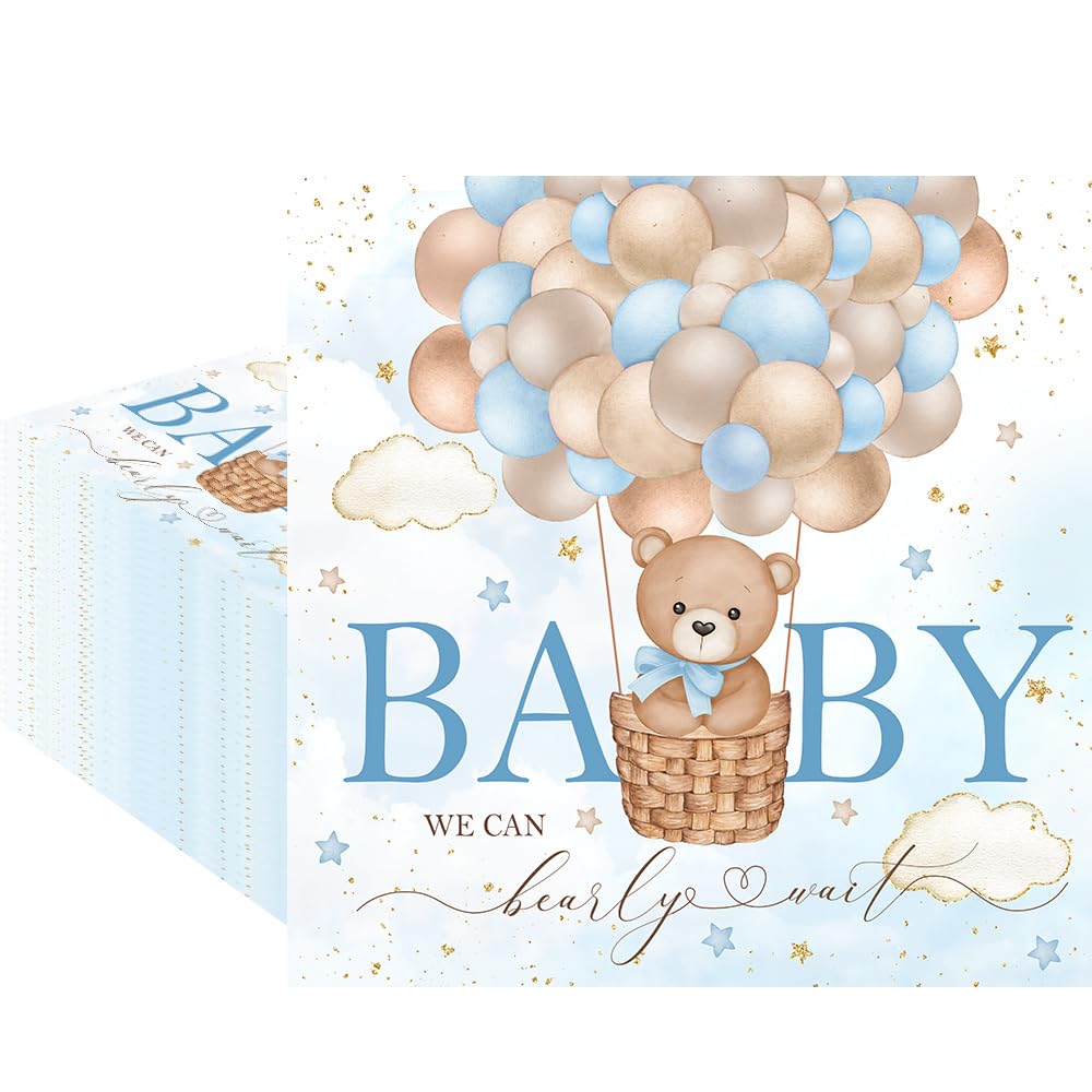 Photo 1 of Fitumiw 80Pcs We Can Bearly Wait Baby Shower Paper Napkins Blue Bear Disposable Napkins Bear Printed Decorative Napkins for Party Supplies Table Decor