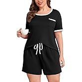 Lastshe Plus Size Pajamas Set for Women 2 Piece Soft Short Sleeve Shorts with Pockets Pjs Lounge Set Loungewear