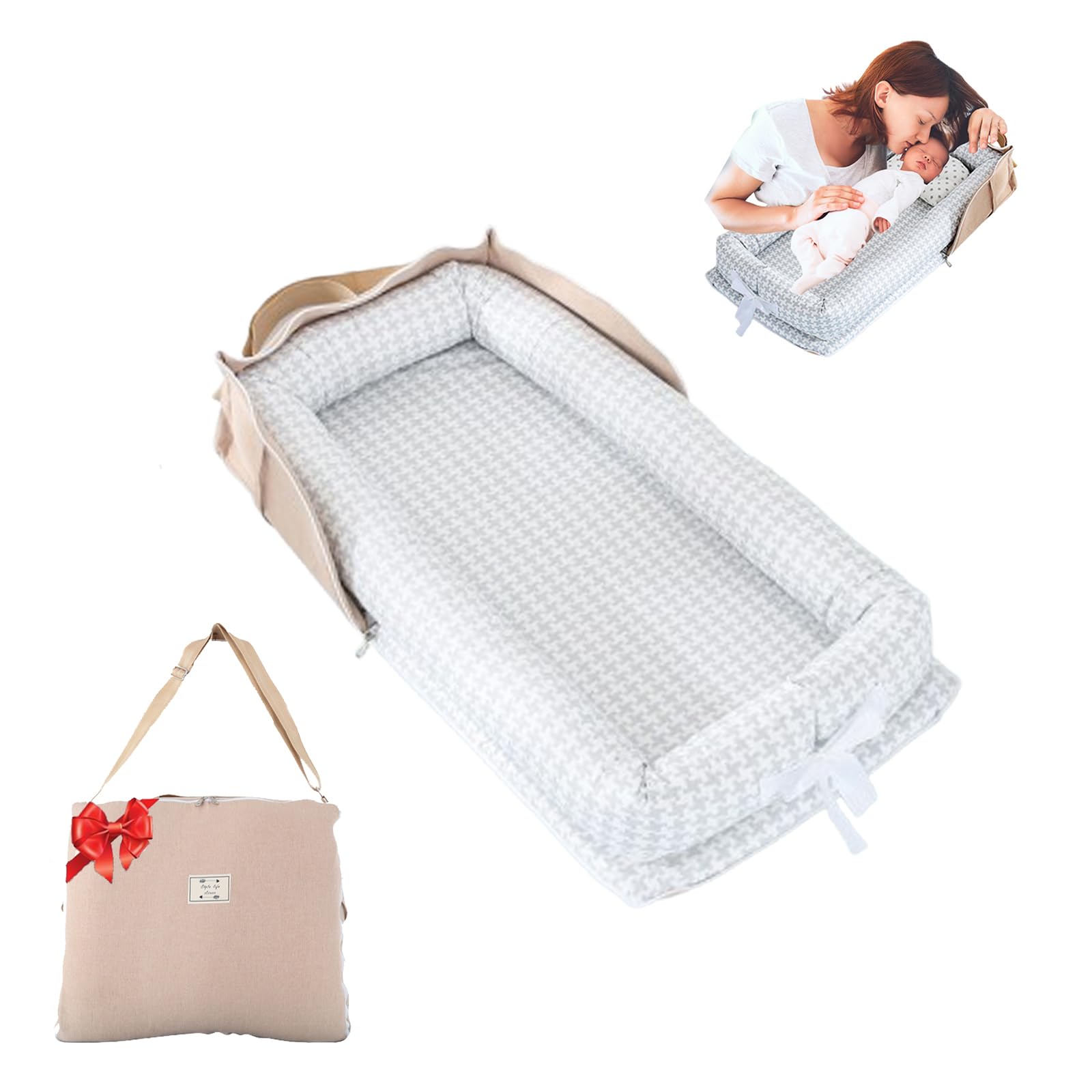Photo 1 of Baby Lounger for Newborn Portable Bag,Baby Nest Play Gym mat with Strap,Newborn Lounger Adjustable Size & Inner Zipper Lengthen Space to 24 Months(Gray Thousand Bird Check)