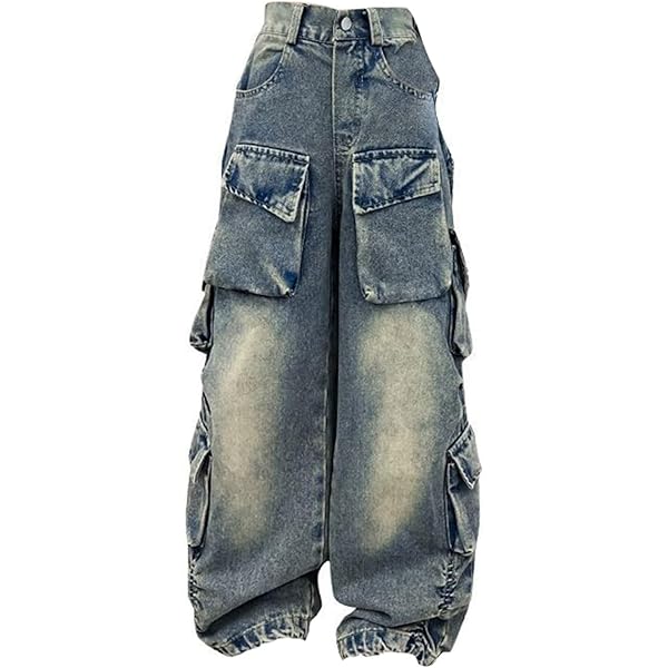 FYDUU Girls Baggy Jeans Cargo Wide Leg Denim Pants Elastic Waist Loose Fit Jeans Trousers Casual Cargo Demin Pants With Pockets 9 10 Years