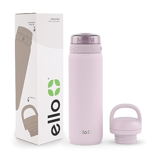 Ello Cooper 22oz Stainless Steel Water Bottle with 2 Lids Chug and Straw | Leak Proof Double Walled and Vacuum Insulated | Fits Car Cupholder | Built in Carry Loop | Dishwasher Safe | Cashmere Pink