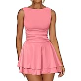 oten Women's Sleeveless Ruched Waist Tiered Flowy Ruffle Hem Mini Party Club Short Dresses