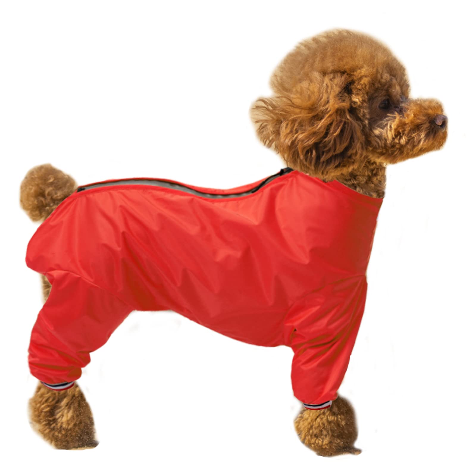 Dog full body raincoat, Dogs coats with legs, lightweight waterproof jacket, zipper closure, puppy jumpsuit with leash hole and reflective strip safety - Red - Large 0611