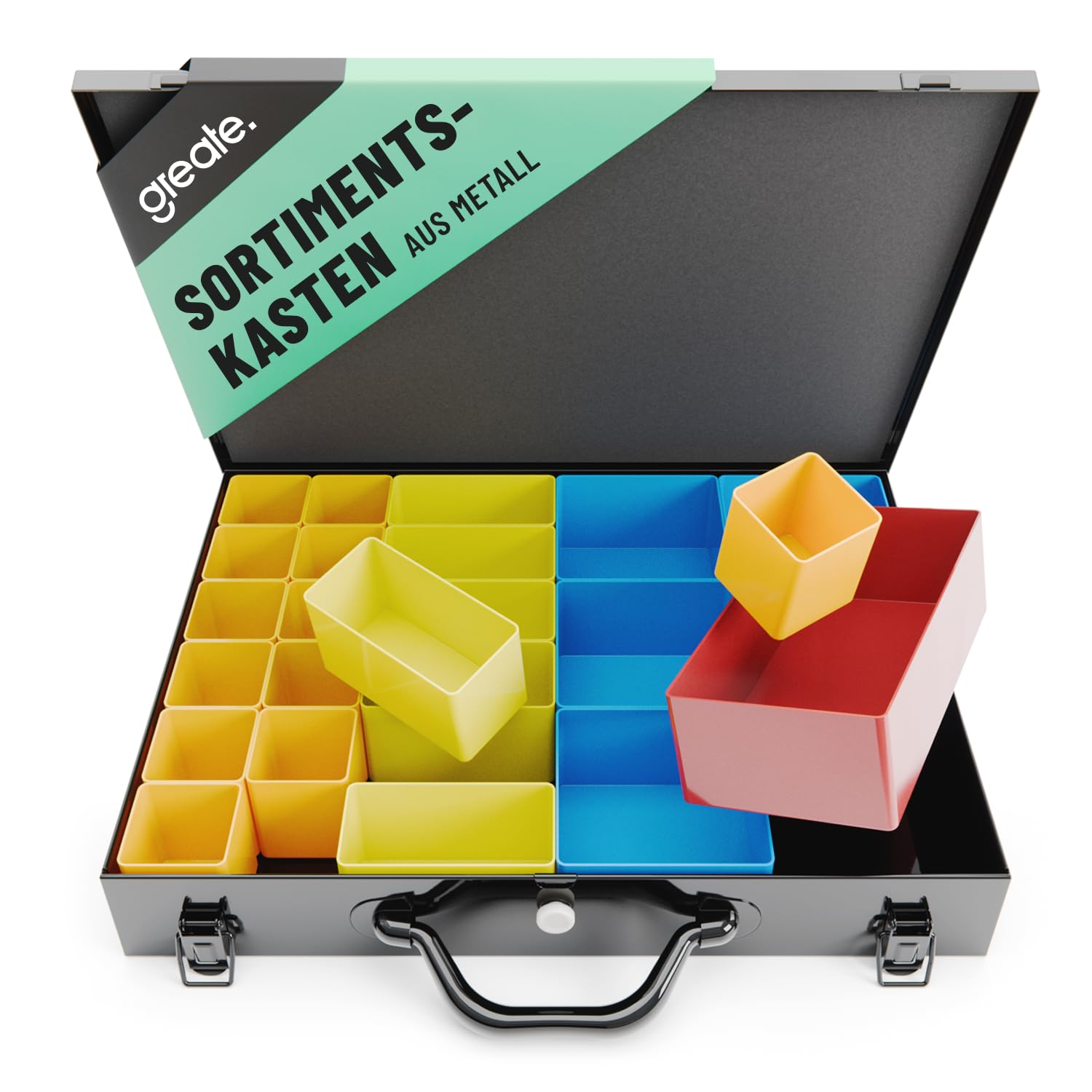 greate Sortimentskasten Metall mit 23 herausnehmbaren Behältern - Kleinteilekoffer leer - Sortimentskoffer als Schraubenkoffer - Schrauben Sortimentbox, Kleinteilemagazin, Werktstatt Organizer