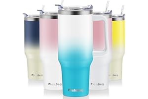 PICKBAG 40 oz Tumbler with Handle and Straw, 100% Leak Proof Tumblers Cup, Stainless Steel Insulated Travel Coffee Mug, Keeps Drinks Cold for 24 Hours or Hot for 10 Hours, Fit for Car Cup Holder, WhiteBlue
