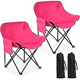 Seeloowy 2 Pack Compact Camping Chairs Portable Folding for Outside with Carry Bag Lightweight Moon Chairs for Travel Picnic Hiking Beach Fishing, 600D Oxford, Supports 330lbs(Pink)