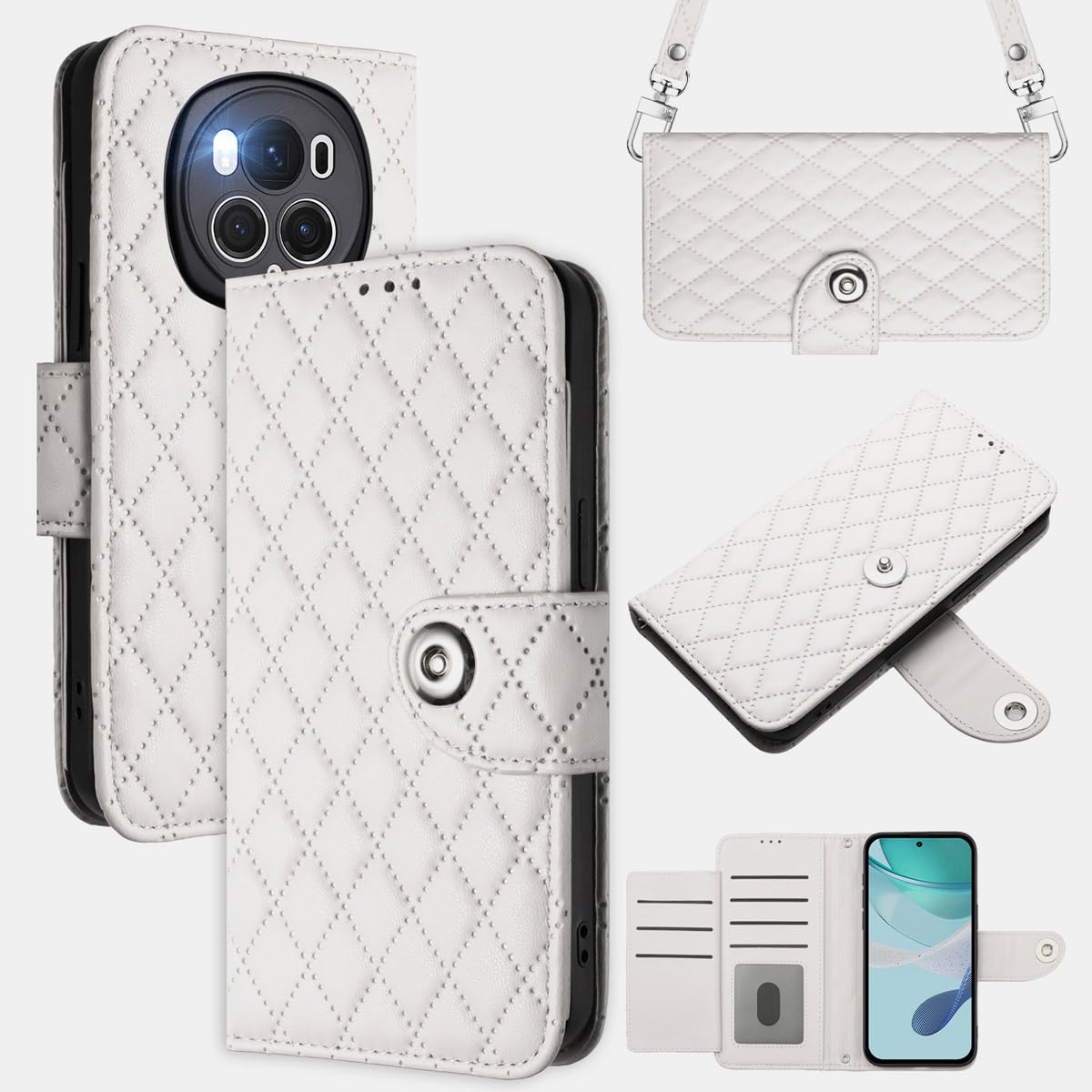 MOJIA Flip Case for Honor Magic 6 Pro / Magic6 Pro, PU Leather Wallet Case Flip Phone Cover, Card Holder Multifunctional Case with Wrist and Shoulder Strap. White