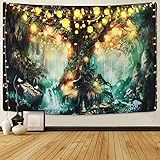 Sevenstars Forest Fairy Tales Tapestry Lantern Tapestry Waterfalls Under Tree of Life Tapestry Psychedelic Forest Tapestry Fantasy Wishing Tree Tapestries for Room (51.2" x 59.1", Forest Fairy Tales)