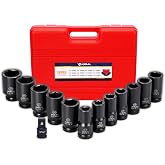 3/4 Inch Drive Metric Deep Impact Socket Set,13-Piece,6-Point,17-41mm | CR-V Steel, Heavy Duty,Storage Case,1/2"F to 3/4"M Adapter,Built for High-Torque Axle &amp; Hub Nut Repairs