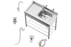 HIPICUTE 39''x20''x37'' Free Standing Stainless Steel Kitchen Sink with 360° Rotating Faucet, Hot and Cold Water Supply, and Storage Rack for Kitchens, Restaurants, and Outdoor Areas