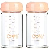COMI Wide Neck Glass Breastmilk Collection n Storage Bottle, 6oz with Screw Ring Sealing Disk; Re-markable Sealing Disc. BPA Free, Fits Breast Pumps & Nipples (2 Pack Pink Lids)