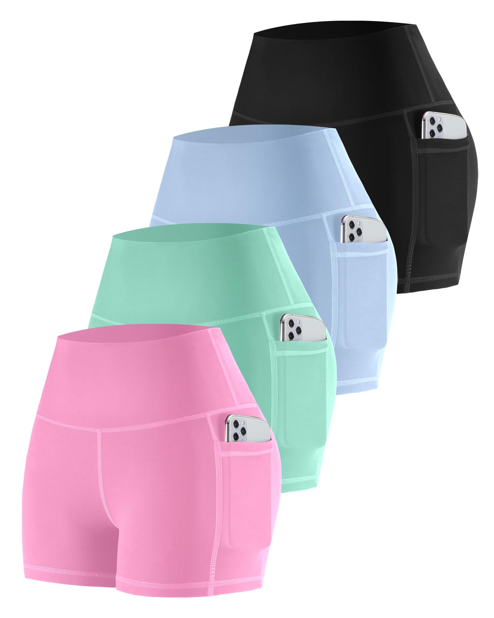 CHRLEISURE Womens Biker Yoga Shorts with Pockets: High Waisted Tummy Control Spandex Workout Athletic Gym Shorts 4 Packs(3'' Black,Blue,Green,Pink, L) Image