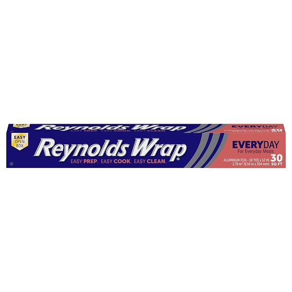 REYNOLDS WRAP EVERYDAY STRENGTH ALUMINUM FOIL ROLL, FREEZER SAFE AND GRILL SAFE, GREAT FOR FOIL PACKETS AND HOME COOKING, 12 INCHES WIDE, 30 TOTAL SQ. FT.