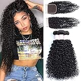 9A Brazilian Virgin Curly Hair 3 Bundles with Closure (10 12 14 +10, Free Part) 100% Unprocessed Brazilian Kinky Curly Human Hair Weave with Closure Thick Ends ...