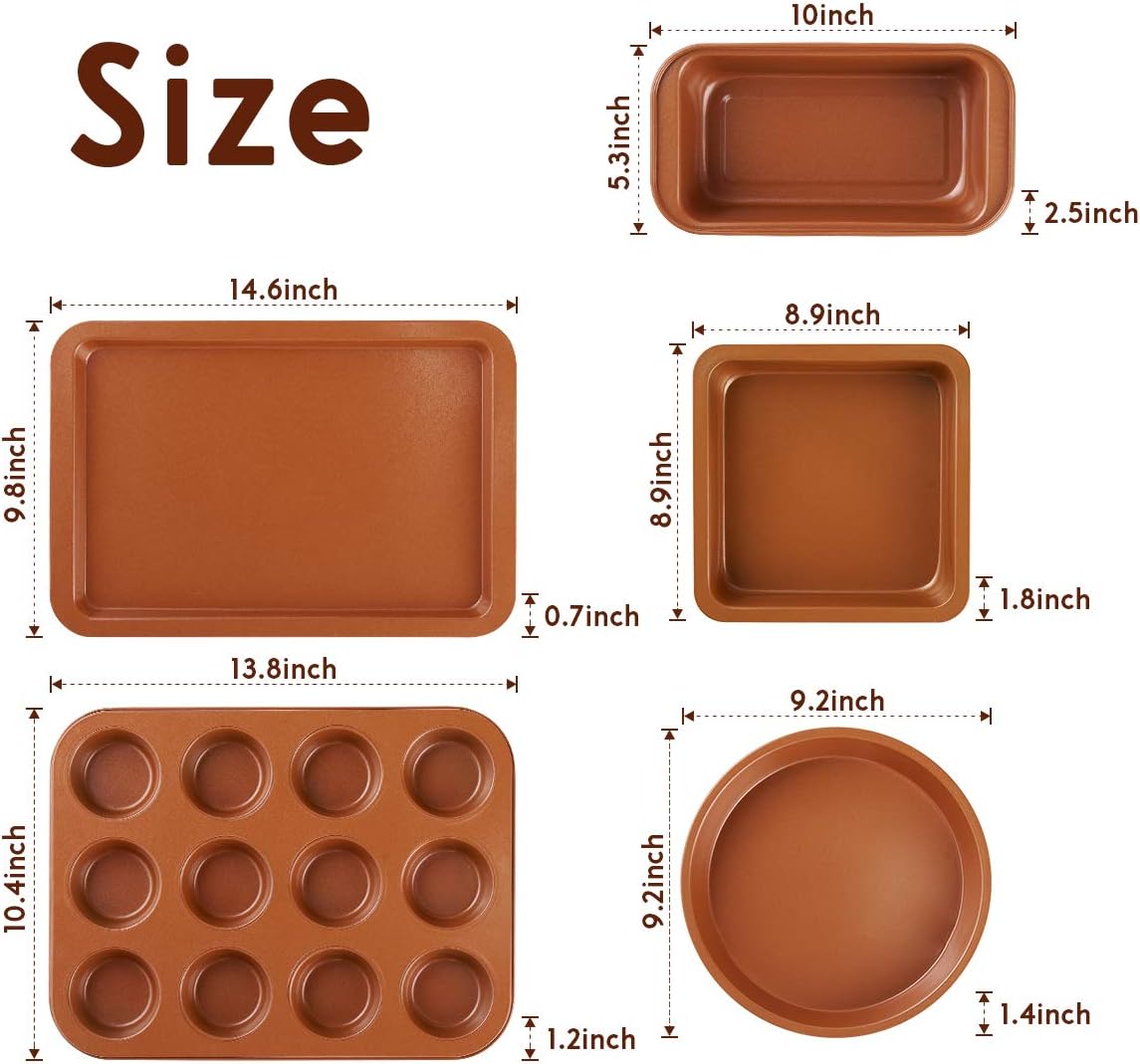 Vplus Bakeware Sets 5 Pcs Nonstick Carbon Steel Baking Include Round Cake Pan, Loaf Pan, Cookie Sheet, Square Pan, and 12 Cups Muffin Pan: Kitchen & Dining