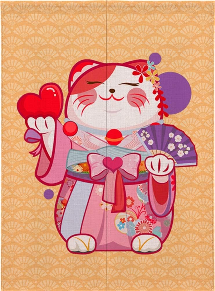Ommda Cotton Maneki Neko Printed Japanese Noren Divider Doorway Curtain Tapestry with Rod for Home Decoration,Love Cat,85x170cm(33.5"x67")