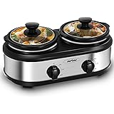 Sunvivi Dual Pot Slow Cooker, 2 Pot Small Mini Crock Buffet Server and Warmer, Upgraded Oval Ceramic Double Pot Buffet Food W