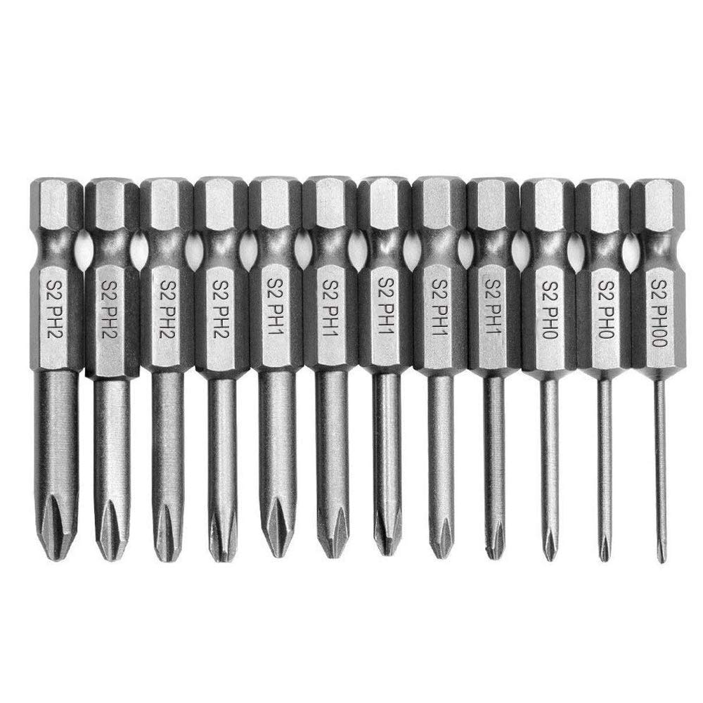 Mesee 12Pcs Magnetic Phillips Screwdriver Bit Set, 1/4-inch Hex Shank Phillips Driver Drill Bits Cross Head Screw Driver Bits Drill Tool Accessory, 50mm Length