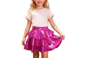 Girls Metallic Skater Leather Skirts Pleated Flared Dance Short Skort Kids High Waisted Performance Tennis Skirt