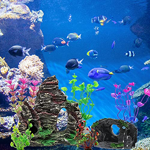 GZHVKJ Aquarium Decorations Fish Tank Decoration Accessories Decor Set, Rocks Plastic Plants Resin Broken Barrel Fish Cave and Hideout Ornaments Small 13 Packs