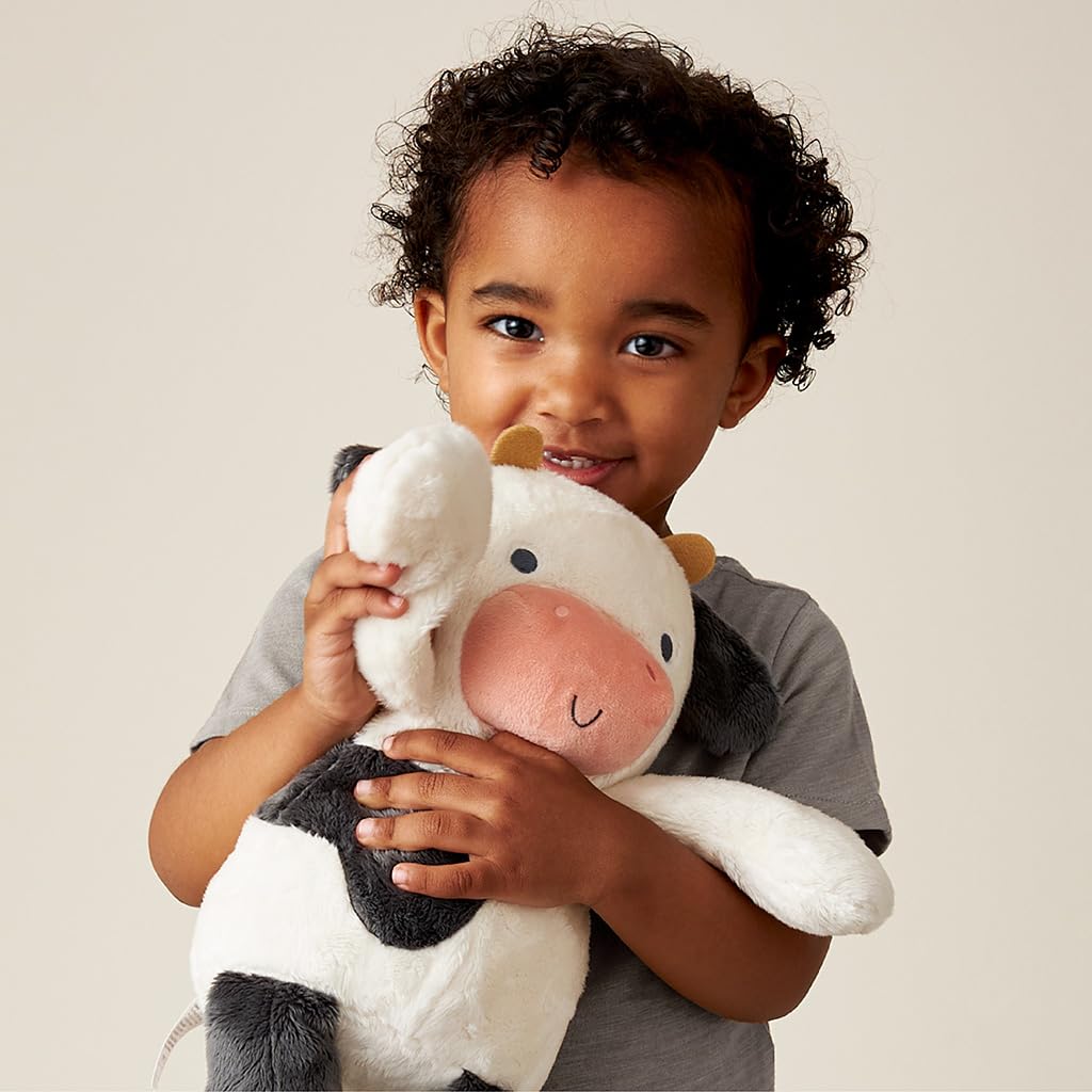 Itzy Ritzy Snuggles Plush Toy – Soft Stuffed Animal for Babies, Kids & Adults – Sensory Ribbons & Textured Fabrics for Tactile Play – Cozy & Cuddly Companion for Newborns & Up (Cow)