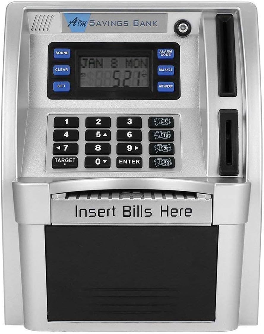 YaBao Pounds Version Electronic ATM Savings Bank Digital Piggy Money Bank Machine,Electronic Cash Box with Debit Card,Password Login,Voice Prompt,Coin Recognition,Targets Setting (Silver/Black) - Image 3