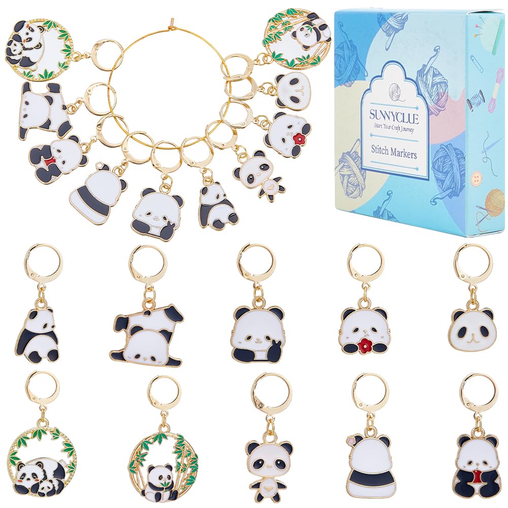SUNNYCLUE 1 Box 20Pcs Panda Stitch Markers Cute Crochet Marker Charms Enamel Animal Stainless Steel Leverback Clasps Metal Knit Markers Removable Clip On Crochet Markers for DIY Crocheting Knitting
