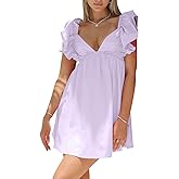 hibshaby Womens Sexy Deep V Neck Ruffle Sleeve Mini Dress Backless Lace Up Summer Dresses