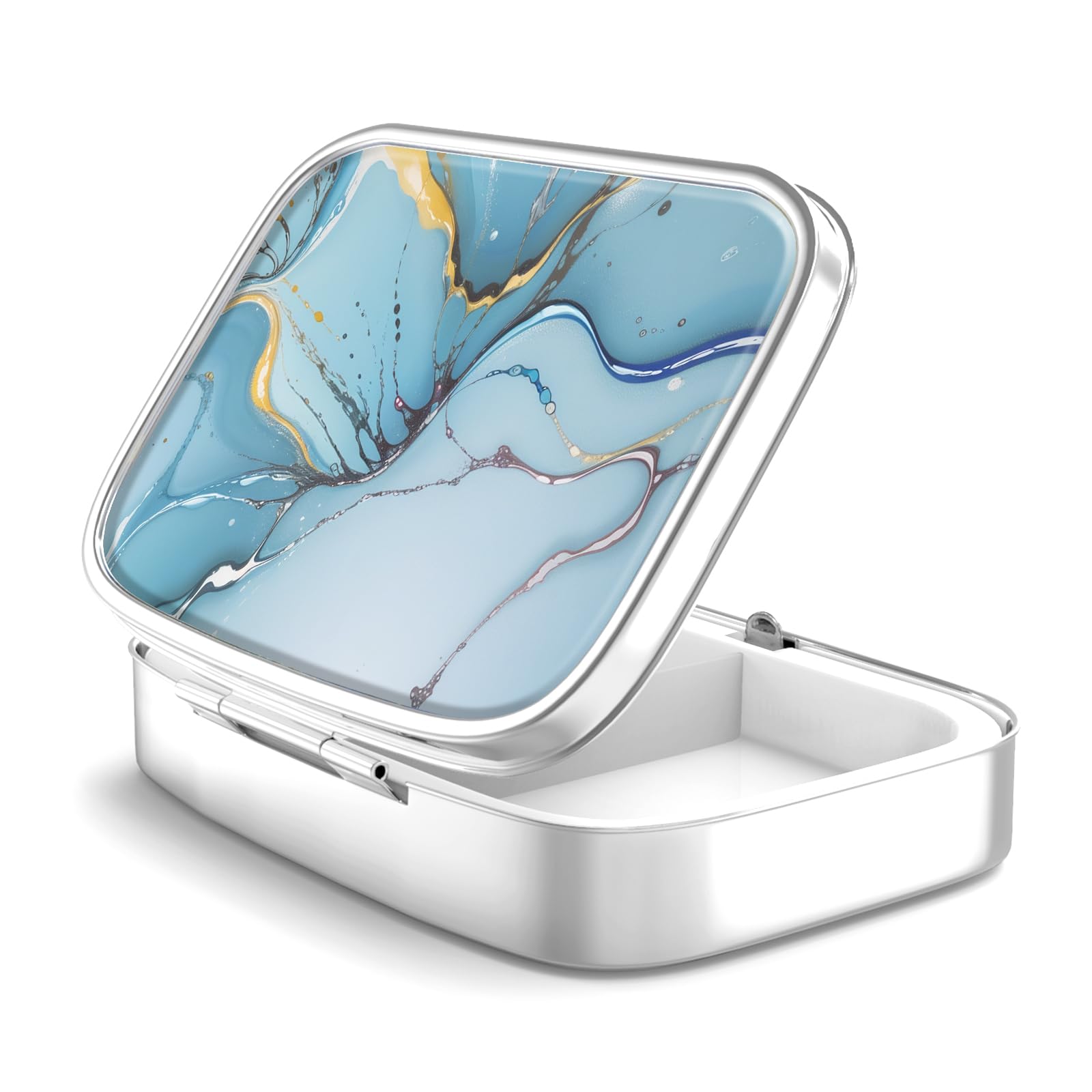 Pill Box 2 Compartment Medicine Pill Case,Portable for Pocket or Purse Pill Boxes Decorative Metal Medicine Vitamin Organizer Unique Gift(Bule Marble)
